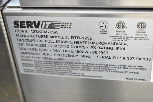 BRAND NEW SCRATCH AND DENT! ServIt 423HDM26SA 26" Heated Display Case with broken glass. 120V, 1 Phase, stainless steel, sliding doors.