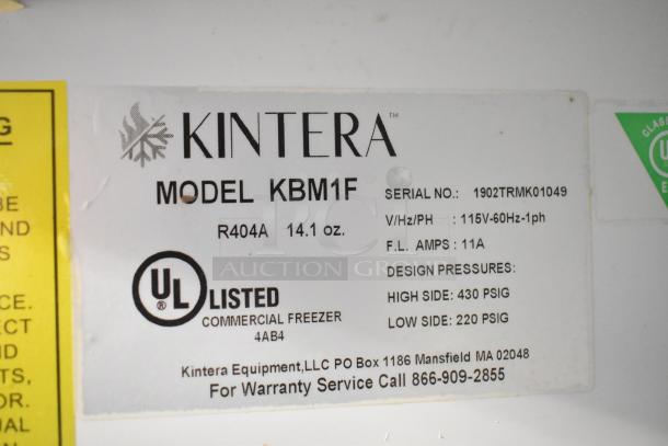 Kintera KBM1F Commercial Freezer label showing model, 115V/1PH, 11A, R404A refrigerant, UL listed, serial 1902TRMK01049.