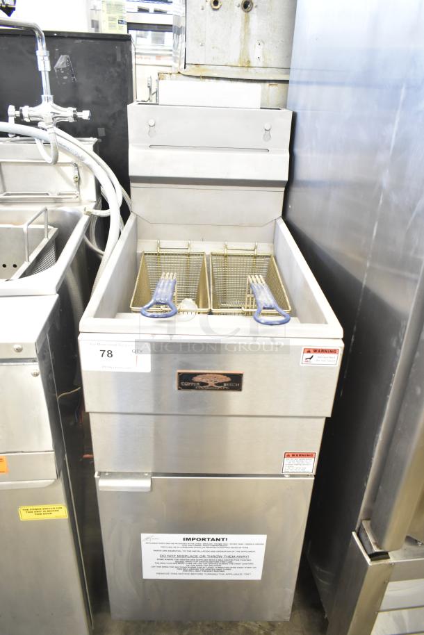 2022 Copper Beech CBF-40 deep fat fryer, natural gas, 90,000 BTU, with 2 metal fry baskets. Mint condition, auction label visible.