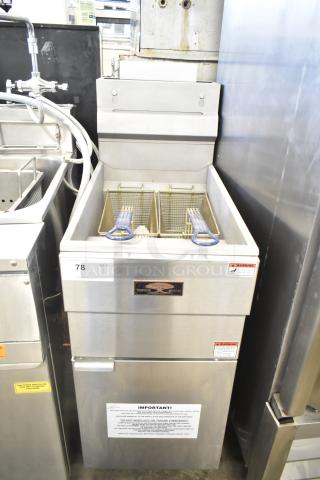 2022 Copper Beech CBF-40 deep fat fryer, natural gas, 90,000 BTU, with 2 metal fry baskets. Mint condition, auction label visible.
