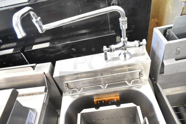 Frymaster 8CSC electric pasta cooker, 208V, 3-phase, stainless steel, floor style, shown with faucet and control panel.