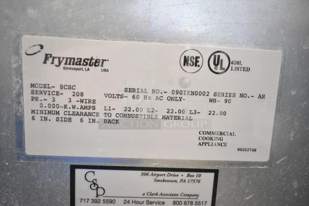 Frymaster 8CSC Commercial Pasta Cooker label, showing 208 volts, 3-phase, 8KW, NSF, UL listed.