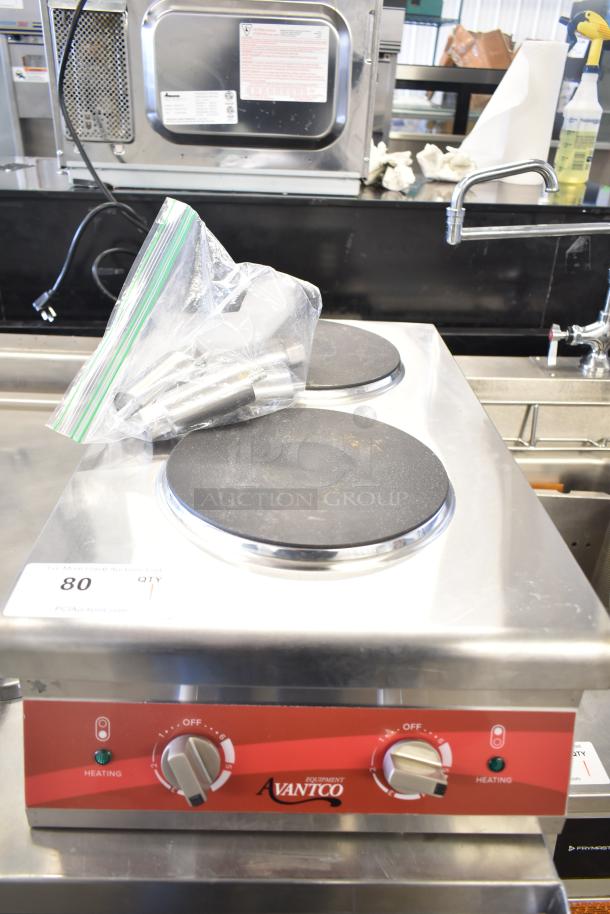 Brand new Avantco 177CER200 dual French-style burner electric range, 208/240 volts, minor scratches, countertop model.