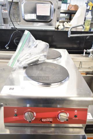 Brand new Avantco 177CER200 dual French-style burner electric range, 208/240 volts, minor scratches, countertop model.