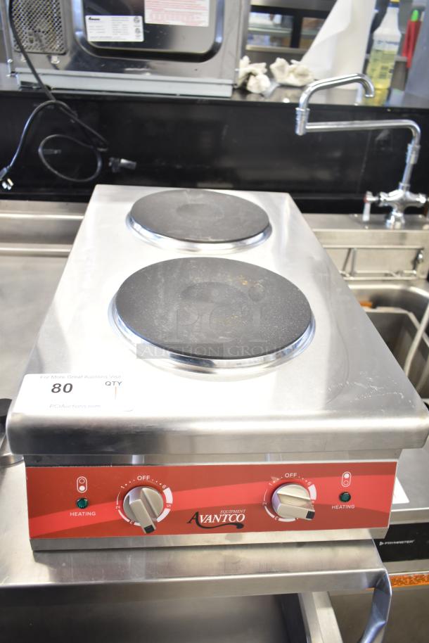 Brand new Avantco 177CER200 dual solid burner electric range, countertop design, 208/240V, 1 phase, scratch and dent condition.