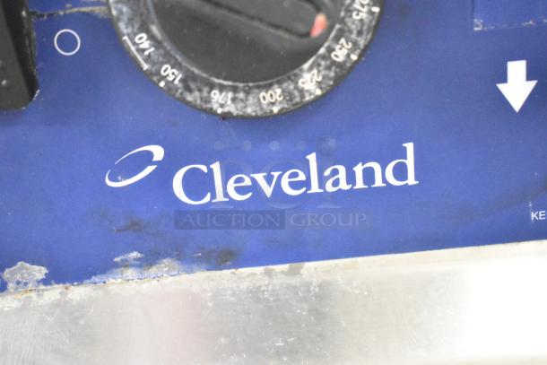 Cleveland BPAN-1001 commercial braising pan, blue control panel with temperature settings, visible wear on surface.