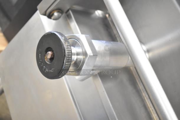 Cleveland BPAN-1001 braising pan control handle, stainless steel, showing open/close markings, in used condition.