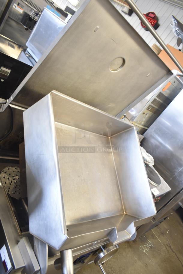 Cleveland BPAN-1001 commercial braising pan, stainless steel, floor style, used condition, lid open.