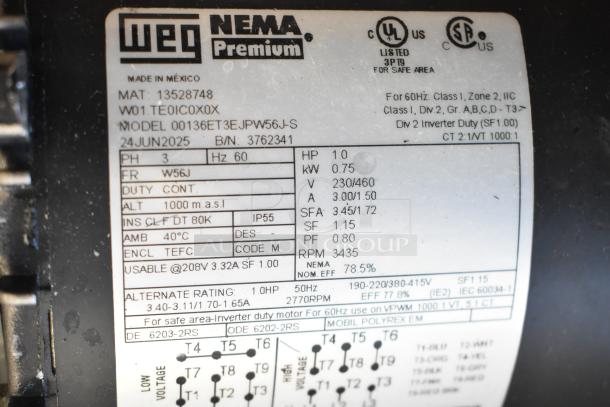 BRAND NEW SCRATCH AND DENT! Weg 13528748 Motor, 230/460V, 3 Phase, 1 HP, 0.75 KW, NEMA Premium, UL CSA listed.