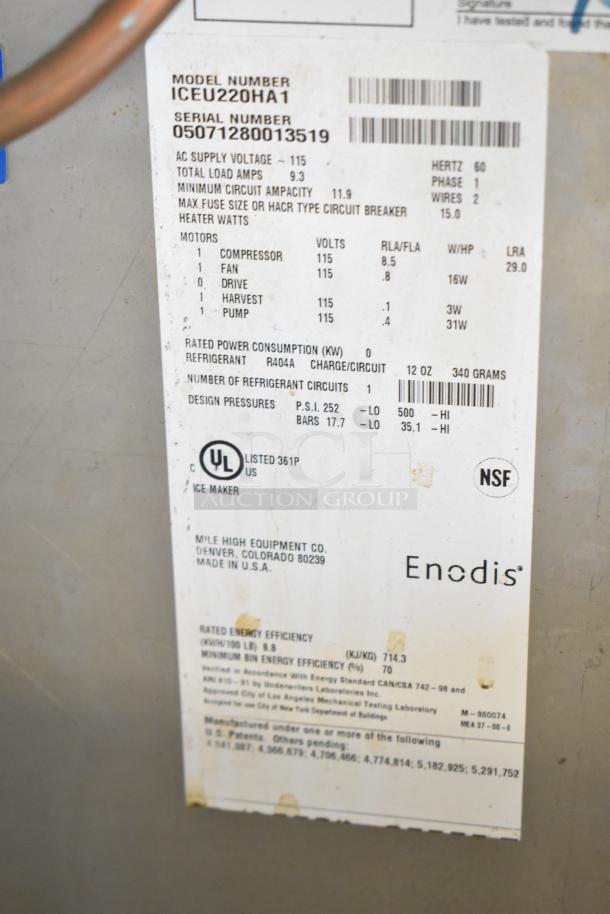 Ice-O-Matic ICEU220HA1 ice machine label showing model, serial number, voltage, phase, UL and NSF certifications.