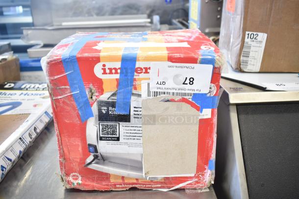 BRAND NEW SCRATCH AND DENT Imperia NSP Pasta Machine in damaged box. 120 Volts, 1 Phase. Tags indicate warranty and auction details.