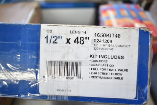 Brand new Dormont 1650KIT48 gas connector kit, 48" length, 1/2" diameter. Includes SnapFast® QD, elbows, restraining cable.