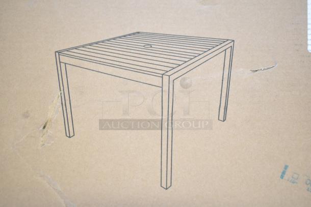 Brand new Flash Furniture square patio table, faux teak top, 35 1/4", black steel base, scratch and dent condition.