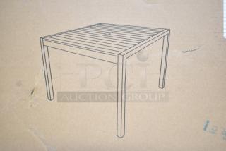 Brand new Flash Furniture square patio table, faux teak top, 35 1/4", black steel base, scratch and dent condition.