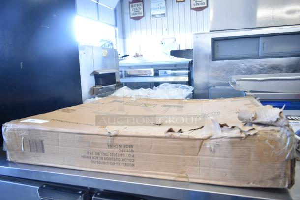 Boxed Flash Furniture patio table, 35 1/4" square, faux teak top, black steel base, scratch and dent. Box shows wear.