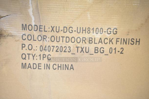 Cardboard box showing model XU-DG-UH8100-GG, label reads: color outdoor black, P.O. 04072023_TXU_BG_01-2, made in China.