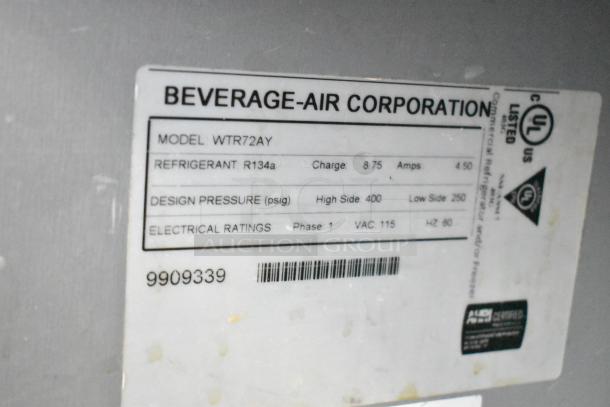 Beverage Air WTR72AY Cooler label showing model, refrigerant R134a, design pressure, and electrical ratings.