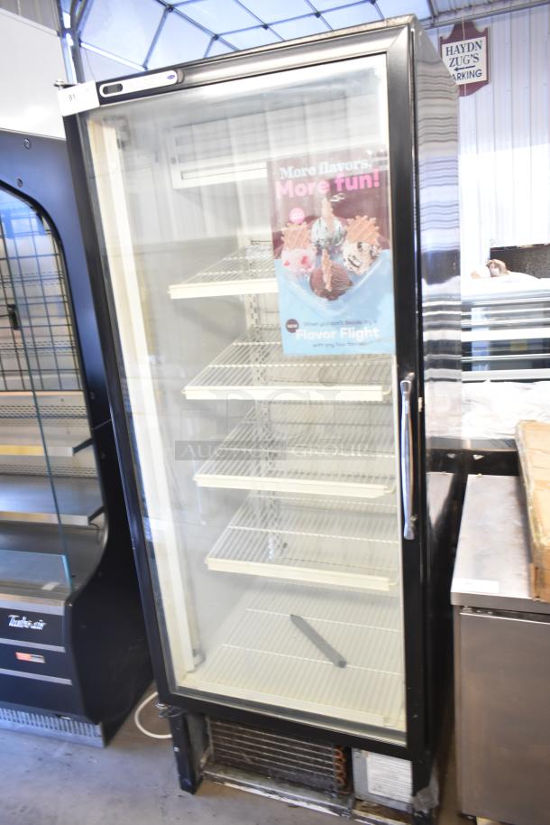 Pulse ULG30BSSF-5 single door reach-in cooler merchandiser, 115V, 1 phase, with clear glass door and metal shelves.