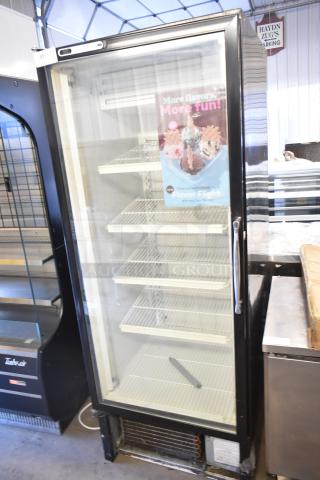 Pulse ULG30BSSF-5 single door reach-in cooler merchandiser, 115V, 1 phase, with clear glass door and metal shelves.