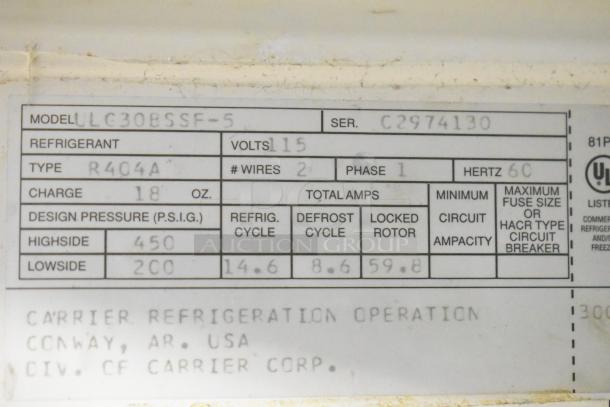Pulse ULG30BSSF-5 Single Door Reach In Cooler Merchandiser label showing model, refrigerant type, and voltage details.
