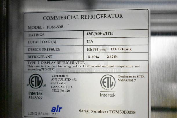 Turbo Air TOM-50B 51" black refrigerated air curtain merchandiser label, 120V, 1 Phase, R-404a refrigerant. Model: TOM-50B.
