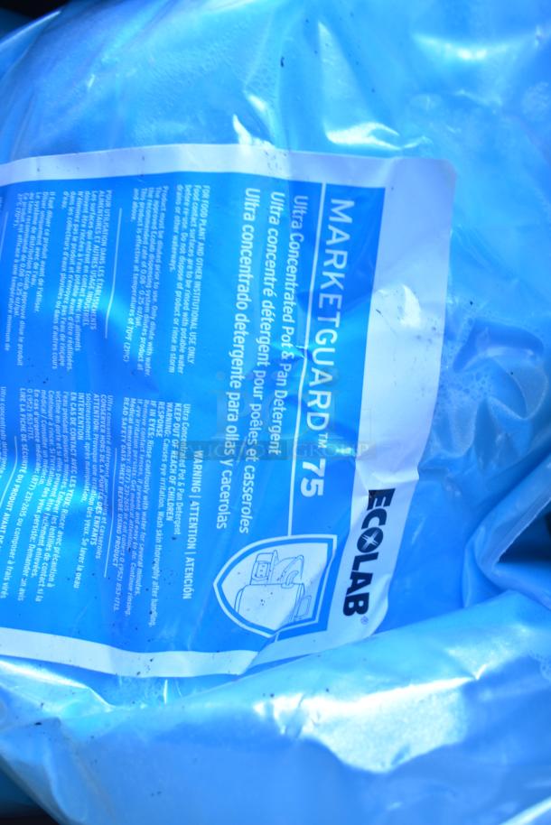 Ecolab Marketguard 75 Ultra Concentrated Pot and Pan Detergent label, blue packaging, clear text instructions.