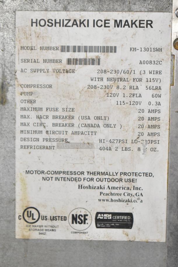 Hoshizaki KM-1301SWH ice machine label showing specs: 208-230 volts, 1 phase, thermally protected, indoor use only.