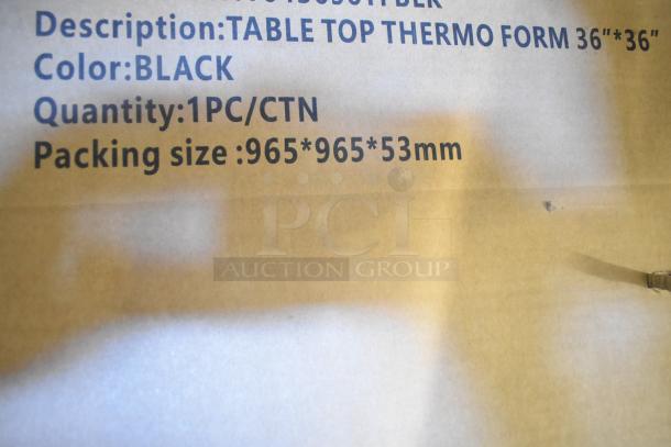 BRAND NEW SCRATCH AND DENT! Lancaster 36"x36" black thermo-formed MDF table top. Text on packaging shows model and dimensions.
