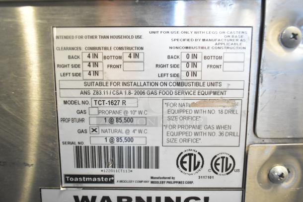 Toastmaster TCT-1627 R commercial tandoor oven label, 85,500 BTU, natural gas. Installation and clearance specifications shown.