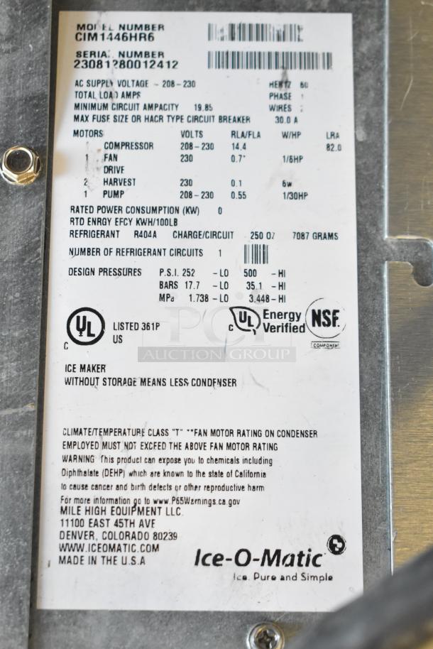2023 Ice-O-Matic CIM1446HR6 ice machine head on B110PSB bin, 208-230V, 1 Phase. UL, NSF certified. Model label shown.