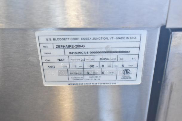 Blodgett ZEPHAIRE-200-G convection oven label, shows model, serial number, gas type, 60,000 BTU/hr, made in USA.