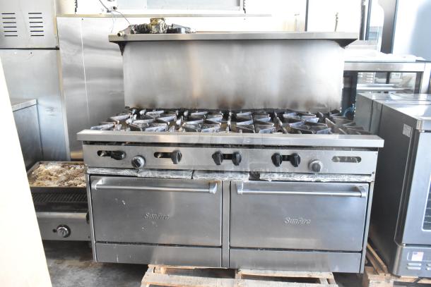 Garland SunFire commercial gas range, 10 burners, two ovens, overshelf, backsplash, used condition.