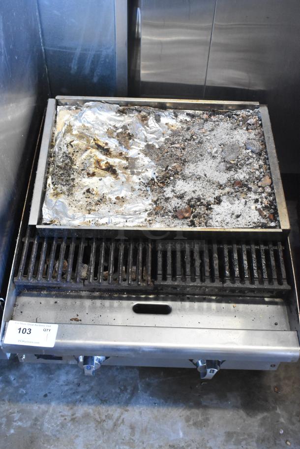 Star Max commercial countertop gas charbroiler grill, showing wear and residue on grates, visible dials, auction tag 103.