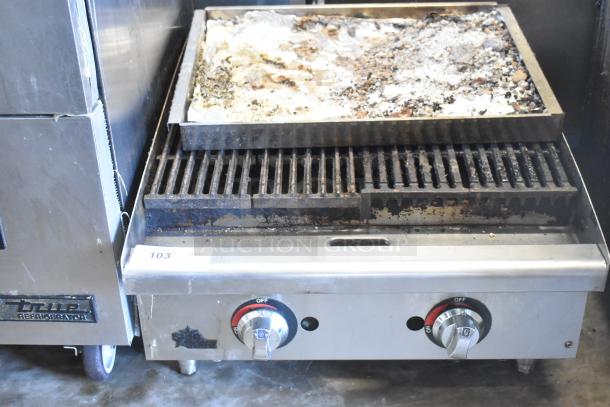 Star Max Commercial Countertop Gas Charbroiler Grill with dual controls, showing wear on grates. Model: Star Max.