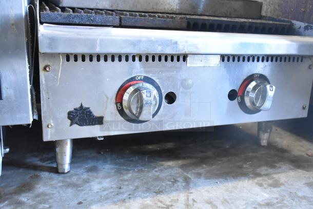 Star Max Commercial Countertop Gas Charbroiler Grill with dual knobs, stainless steel finish, and Star Max logo.
