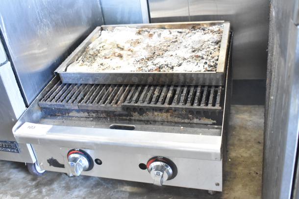 Star Max Commercial Countertop Gas Charbroiler Grill with dual control knobs, used condition, needs cleaning.