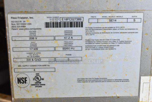 2018 Pitco Frialator SE14 electric fryer, 208V, 3-phase. Label shows model SE14, 47.2A, 17kW. NSF certified.