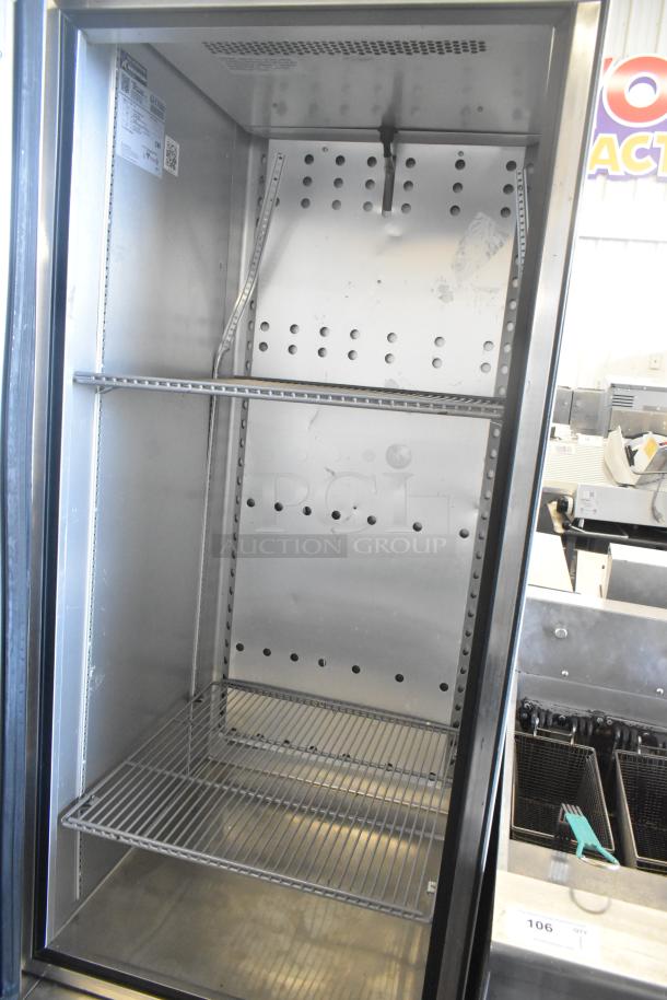 2018 True T-23F-HC commercial single door freezer, stainless steel, on casters. Features 115 volts, 1 phase, shelving. Good condition.