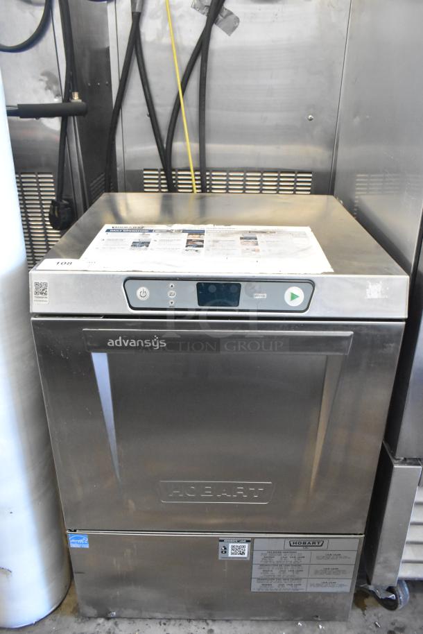 Hobart Advansys commercial undercounter dishwasher in stainless steel, features digital control panel and Hobart branding.