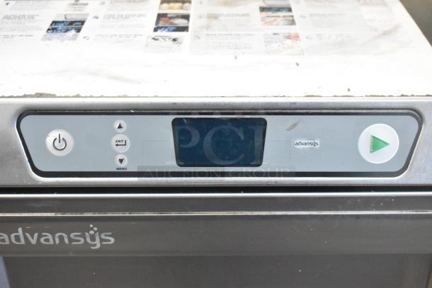 Hobart Advansys Commercial Undercounter Dishwasher with digital controls, stainless steel finish, and visible brand labeling.