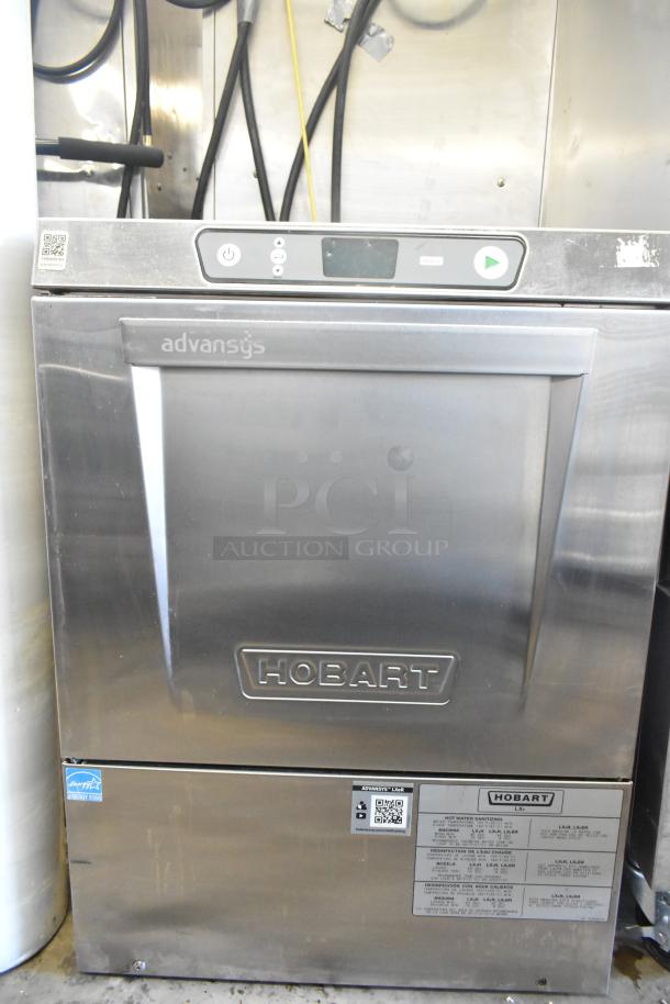 Hobart Advansys commercial undercounter dishwasher, stainless steel, digital controls, Energy Star label, visible serial markings.