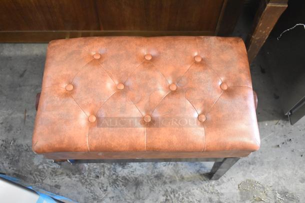 Baldwin piano bench, tufted brown leather, wooden legs, good condition, complements Baldwin piano.