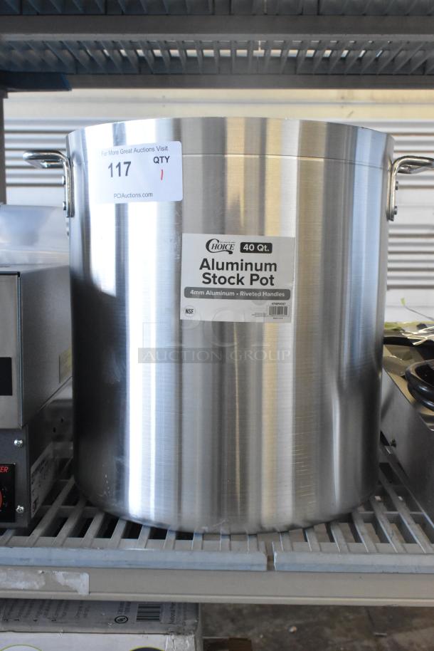 Brand new 471SP40QT Choice 40 Qt. Aluminum Stock Pot, standard weight, with minor scratches and dents, riveted handles.