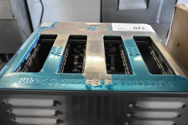 Avantco 184THD27208 4-slice toaster, new scratch and dent, wide 1.5" slots, 208V, 1 phase, blue protective film visible.