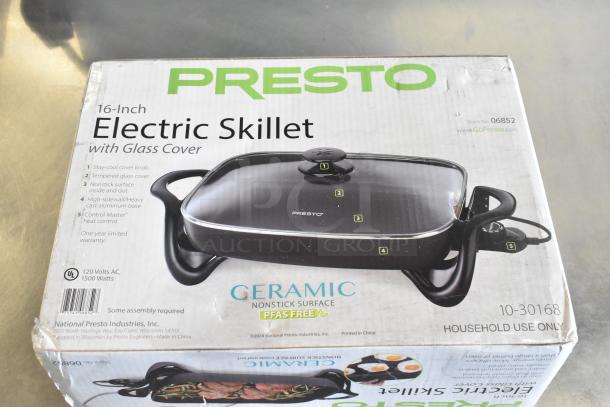Presto 16" Ceramic Electric Skillet with Glass Cover, silver, brand new, model 06860, 120V, nonstick, visible package wear.