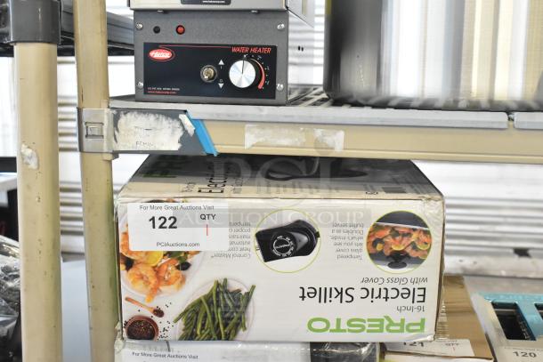 Presto 16" Ceramic Electric Skillet with Glass Cover, Silver, Model 177MIX8XP, in box, minor box damage.