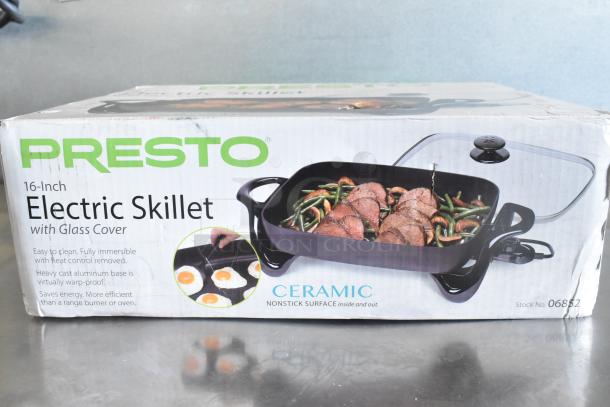 Presto 16" Ceramic Electric Skillet with Glass Cover, Model 06860, silver, brand new, scratch and dent condition.