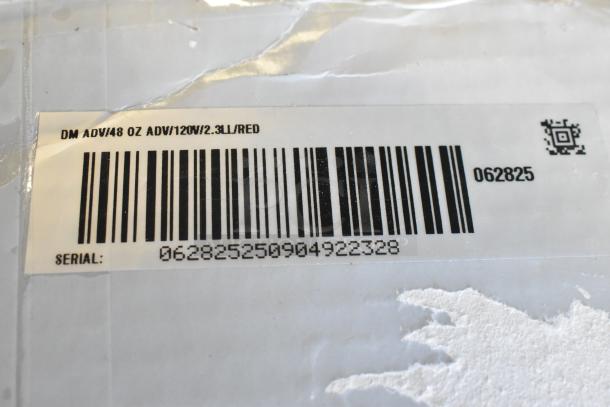 Barcode and label for Vitamix 62825 Drink Machine Advance 2.3 hp Red Blender, 48 oz, 120V, Model 177MIX8XP. Serial: 062825250904922328.