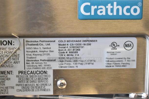 Crathco CS-1D/2E-16-290 refrigerated drink dispenser base, brand new, scratch and dent, no hoppers, 120V, 1 phase, NSF listed.