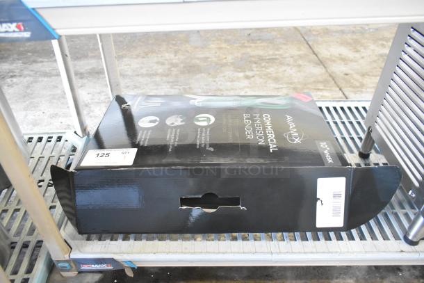 BRAND NEW AvaMix 928IBHDW10R Heavy-Duty Immersion Blender box on shelf, 10" whisk attachment, slight box wear.